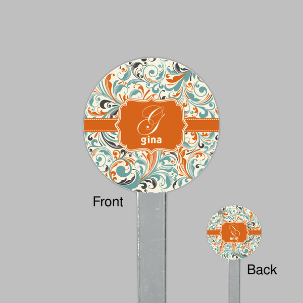 Orange & Blue Leafy Swirls Clear Plastic 7" Stir Stick - Round - Front & Back
