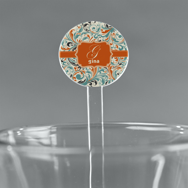 Custom Orange & Blue Leafy Swirls 7" Round Plastic Stir Sticks - Clear (Personalized)