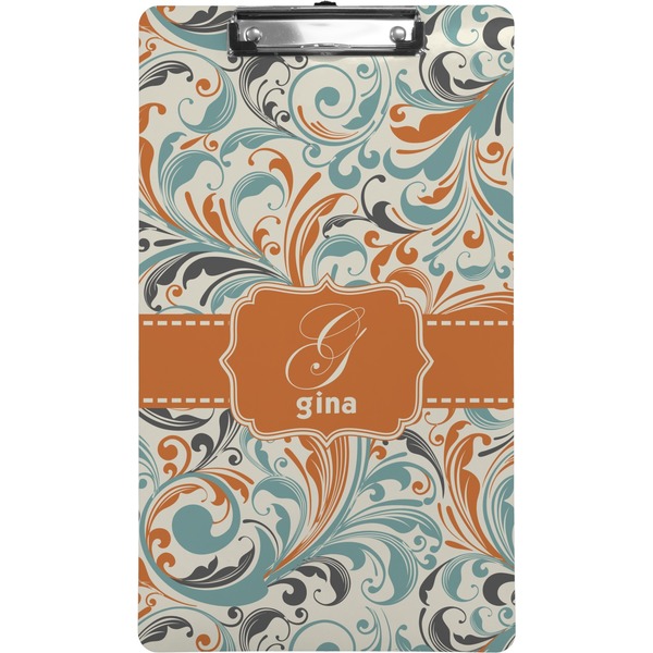 Custom Orange & Blue Leafy Swirls Clipboard (Legal Size) (Personalized)