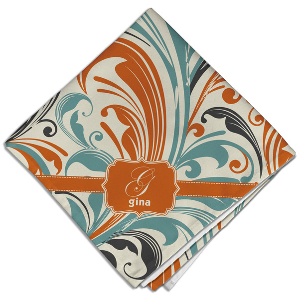 Custom Orange & Blue Leafy Swirls Cloth Dinner Napkin - Single w/ Name and Initial