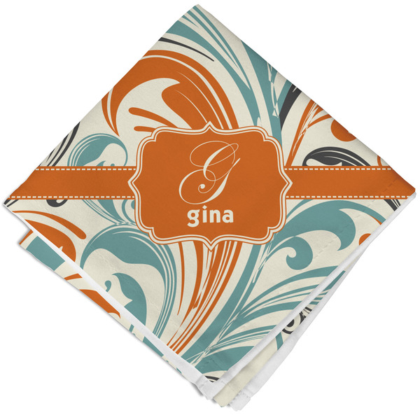 Custom Orange & Blue Leafy Swirls Cloth Napkin w/ Name and Initial