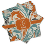 Orange & Blue Leafy Swirls Cloth Cocktail Napkins - Set of 4 w/ Name and Initial