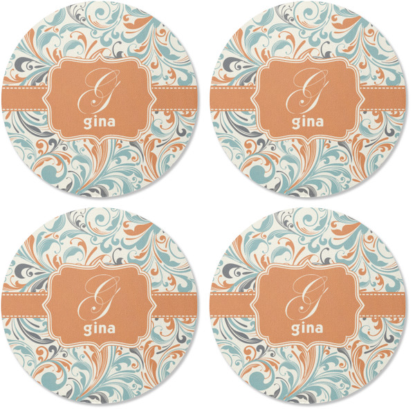 Orange & Blue Leafy Swirls Coaster Round Rubber Back - Apvl