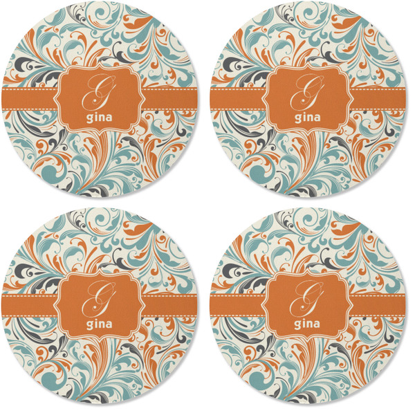 Orange & Blue Leafy Swirls Coaster Round Rubber Back - Apvl