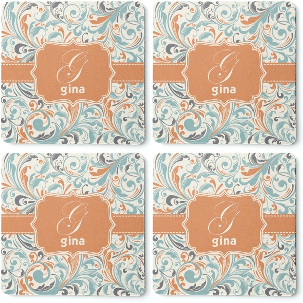 Orange & Blue Leafy Swirls Coaster Rubber Back - Apvl