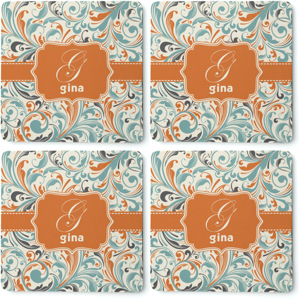 Orange & Blue Leafy Swirls Coaster Rubber Back - Apvl