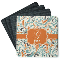 Orange & Blue Leafy Swirls Square Rubber Backed Coasters - Set of 4 (Personalized)