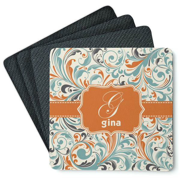 Custom Orange & Blue Leafy Swirls Square Rubber Backed Coasters - Set of 4 (Personalized)