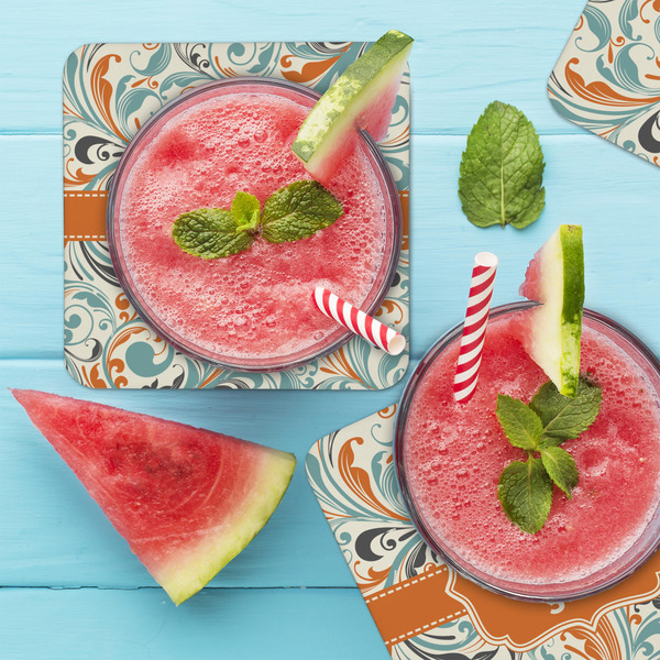 Orange & Blue Leafy Swirls Coaster Set - LIFESTYLE