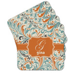 Orange & Blue Leafy Swirls Cork Coaster - Set of 4 w/ Name and Initial