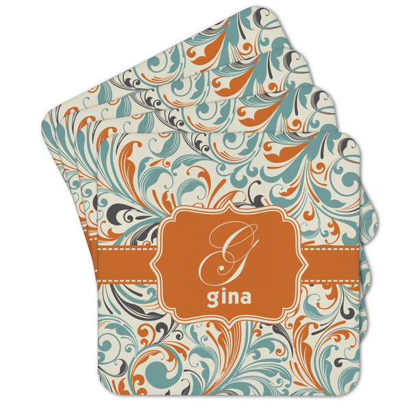 Custom Orange & Blue Leafy Swirls Cork Coaster - Set of 4 w/ Name and Initial