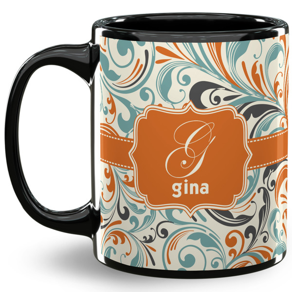 Custom Orange & Blue Leafy Swirls 11 Oz Coffee Mug - Black (Personalized)