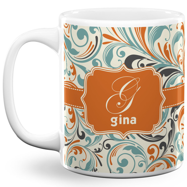 Custom Orange & Blue Leafy Swirls 11 Oz Coffee Mug - White (Personalized)