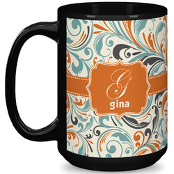 Orange & Blue Leafy Swirls 15 Oz Coffee Mug - Black (Personalized)