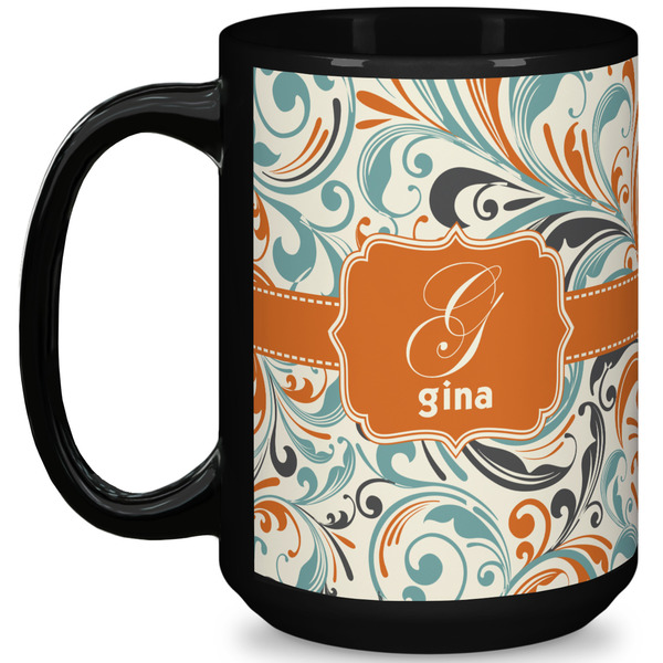 Custom Orange & Blue Leafy Swirls 15 Oz Coffee Mug - Black (Personalized)