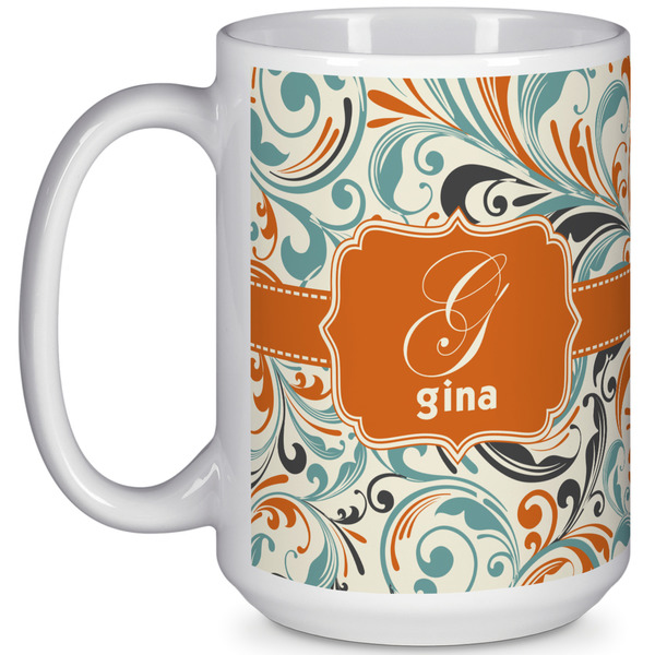 Custom Orange & Blue Leafy Swirls 15 Oz Coffee Mug - White (Personalized)