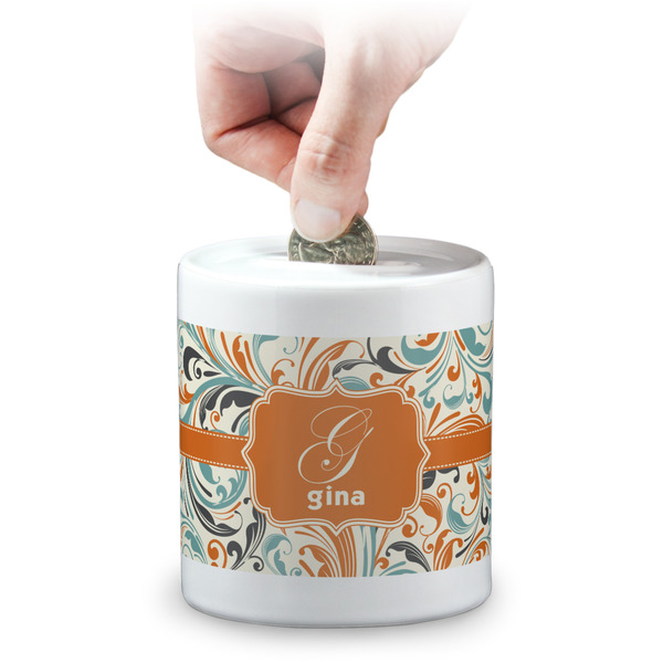 Custom Orange & Blue Leafy Swirls Coin Bank (Personalized)