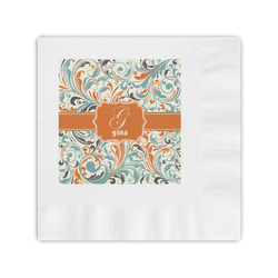Orange & Blue Leafy Swirls Coined Cocktail Napkins (Personalized)