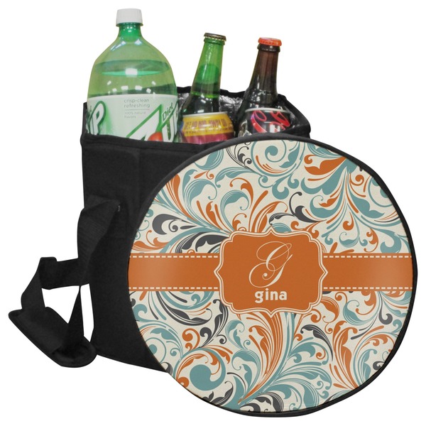 Custom Orange & Blue Leafy Swirls Collapsible Cooler & Seat (Personalized)