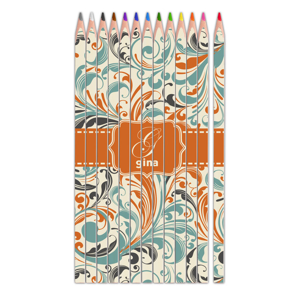 Custom Orange & Blue Leafy Swirls Colored Pencils (Personalized)