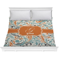 Orange & Blue Leafy Swirls Comforter - King (Personalized)