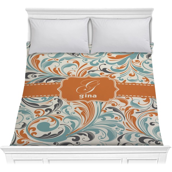 Custom Orange & Blue Leafy Swirls Comforter - Full / Queen (Personalized)