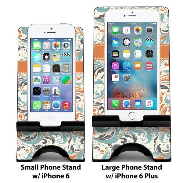 Orange & Blue Leafy Swirls Compare Phone Stand Sizes - with iPhones