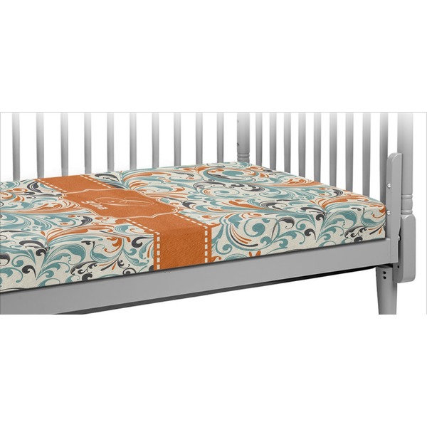 Custom Orange & Blue Leafy Swirls Crib Fitted Sheet (Personalized)