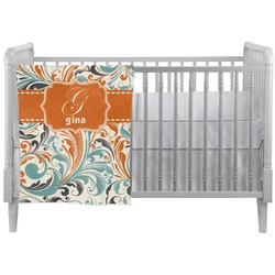 Orange & Blue Leafy Swirls Crib Comforter / Quilt (Personalized)