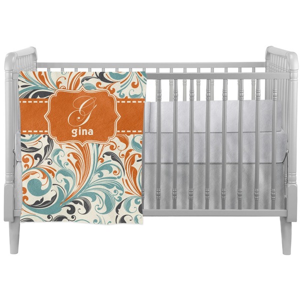 Custom Orange & Blue Leafy Swirls Crib Comforter / Quilt (Personalized)