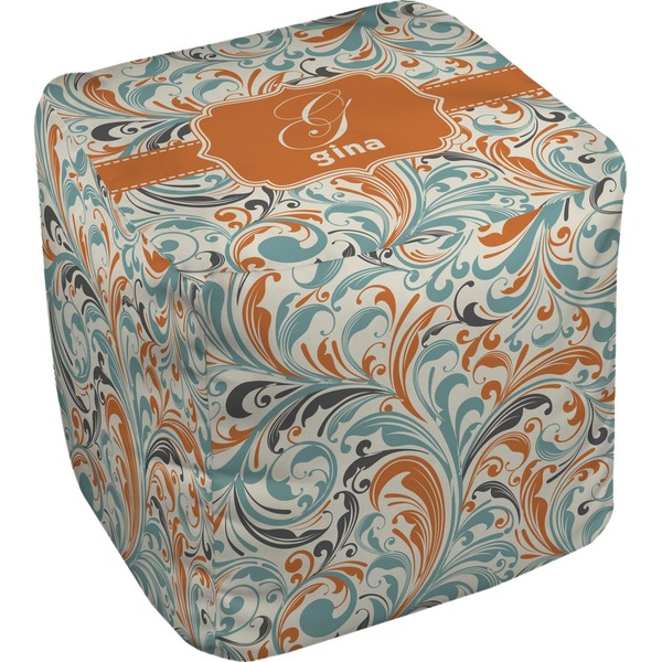 Custom Orange & Blue Leafy Swirls Cube Pouf Ottoman (Personalized)