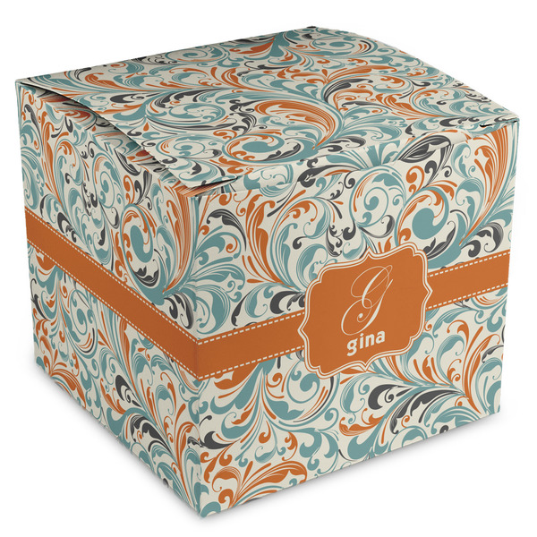 Custom Orange & Blue Leafy Swirls Cube Favor Gift Boxes (Personalized)