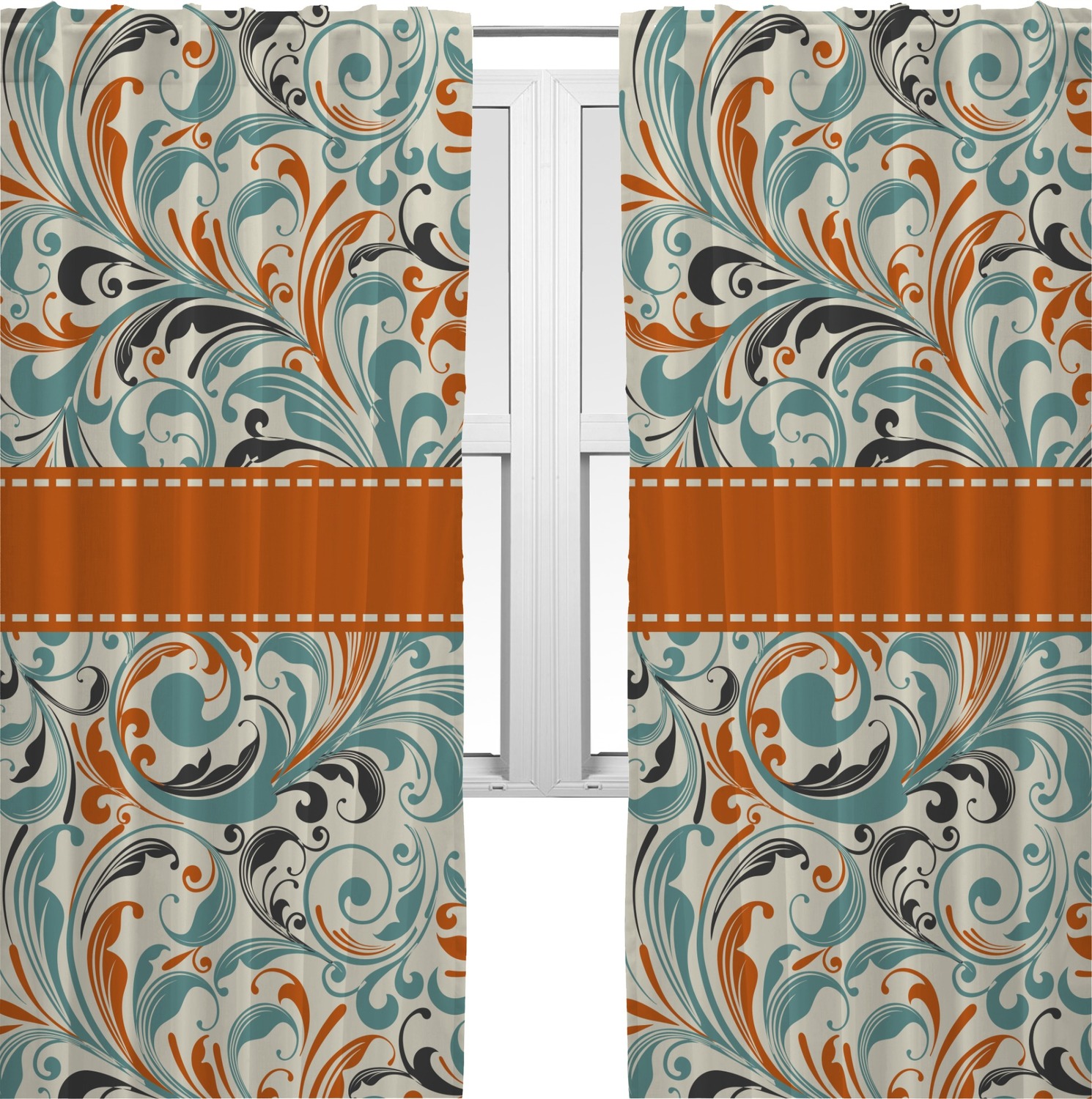 Orange & Blue Leafy Swirls Curtains 40"x63" Panels Unlined (2