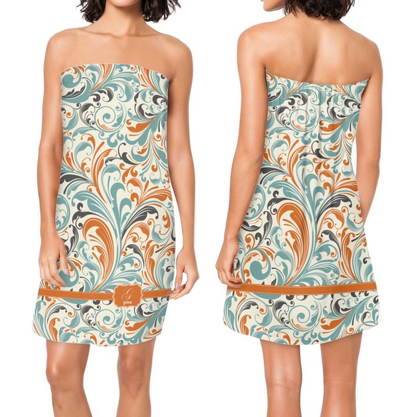 Orange & Blue Leafy Swirls Custom Bath Wrap - Front & Back View