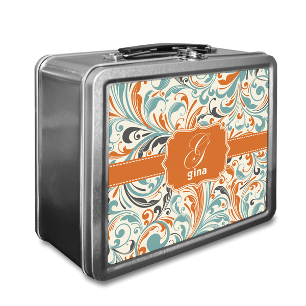 Custom Orange & Blue Leafy Swirls Lunch Box (Personalized)