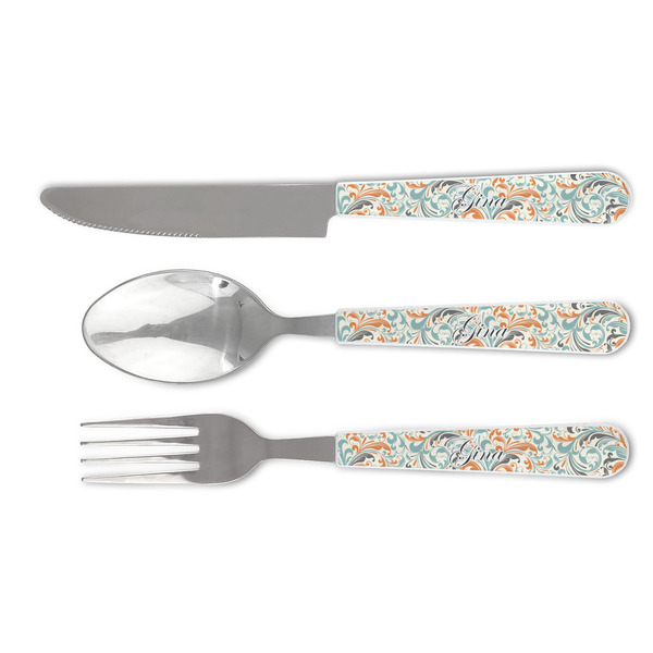 Custom Orange & Blue Leafy Swirls Cutlery Set (Personalized)