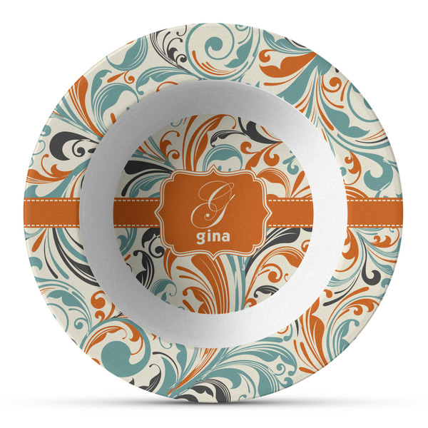 Custom Orange & Blue Leafy Swirls Plastic Bowl - Microwave Safe - Composite Polymer (Personalized)
