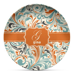 Orange & Blue Leafy Swirls Microwave Safe Plastic Plate - Composite Polymer (Personalized)