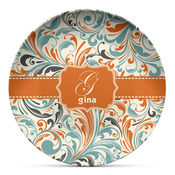Custom Orange & Blue Leafy Swirls Microwave Safe Plastic Plate - Composite Polymer (Personalized)