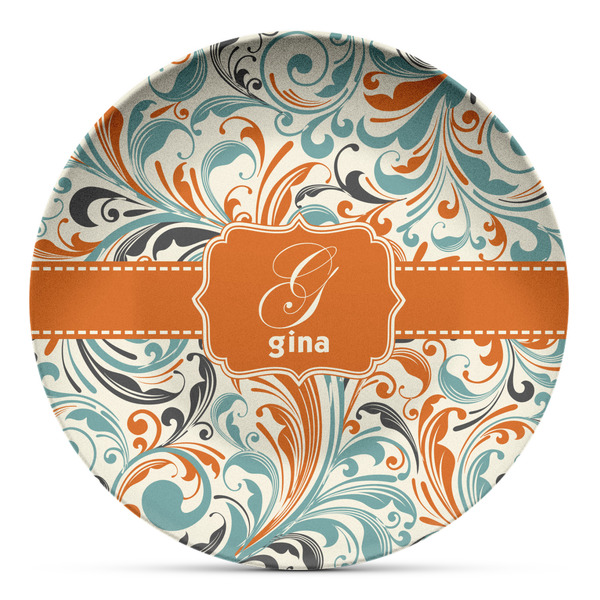 Custom Orange & Blue Leafy Swirls Microwave Safe Plastic Plate - Composite Polymer (Personalized)
