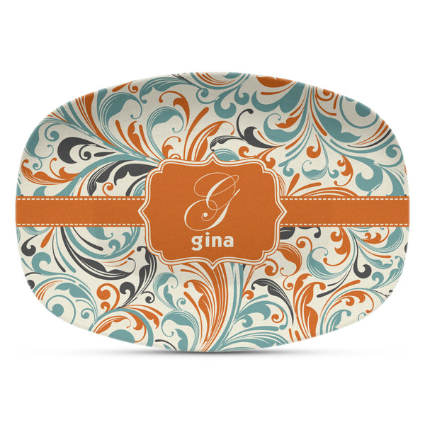 Custom Orange & Blue Leafy Swirls Plastic Platter - Microwave & Oven Safe Composite Polymer (Personalized)