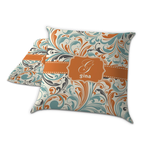 Orange & Blue Leafy Swirls Decorative Pillow Case - TWO