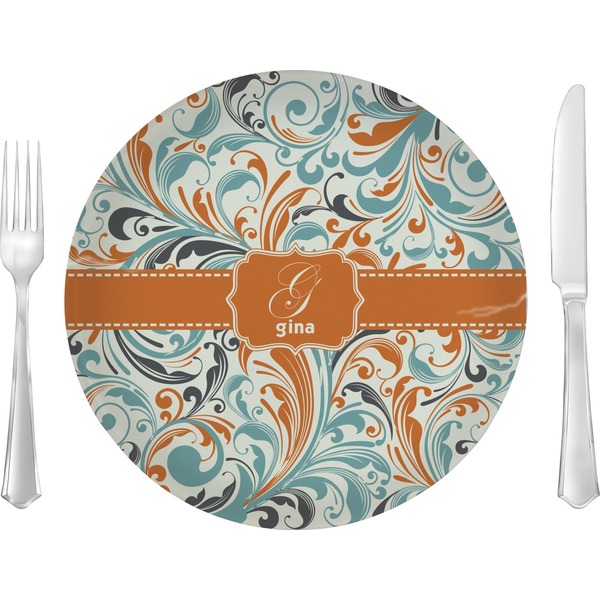 Custom Orange & Blue Leafy Swirls Glass Lunch / Dinner Plate 10" (Personalized)