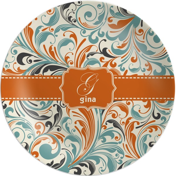 Custom Orange & Blue Leafy Swirls Melamine Plate (Personalized)