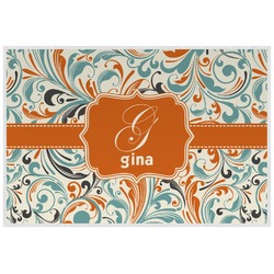Orange & Blue Leafy Swirls Laminated Placemat w/ Name and Initial