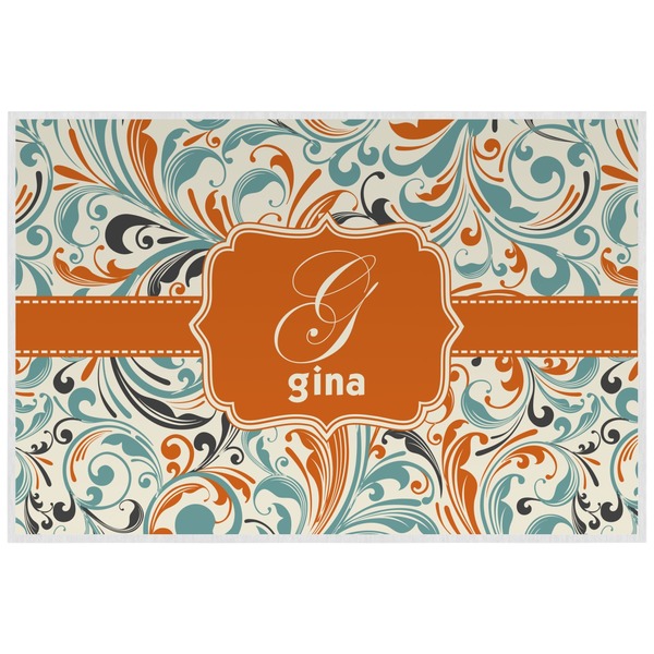 Custom Orange & Blue Leafy Swirls Laminated Placemat w/ Name and Initial
