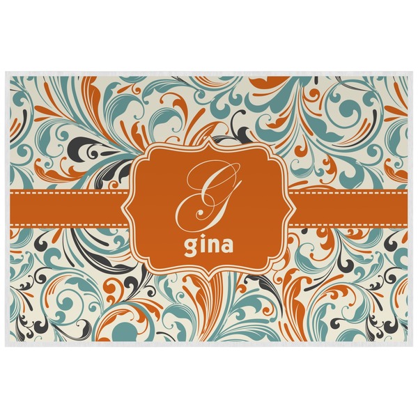 Custom Orange & Blue Leafy Swirls Laminated Placemat w/ Name and Initial