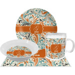 Orange & Blue Leafy Swirls Dinner Set - Single 4 Pc Setting w/ Name and Initial