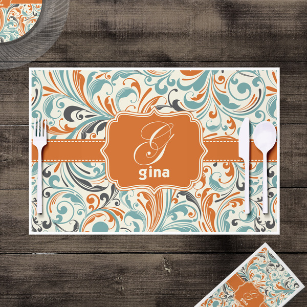 Orange & Blue Leafy Swirls Disposable Paper Placemat - In Context
