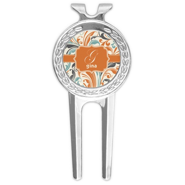 Custom Orange & Blue Leafy Swirls Golf Divot Tool & Ball Marker (Personalized)